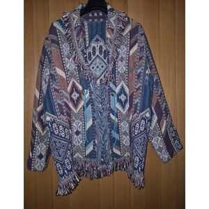 VTG  La Cotonniere Native American Southwestern Fringe Tapestry Coat EUC